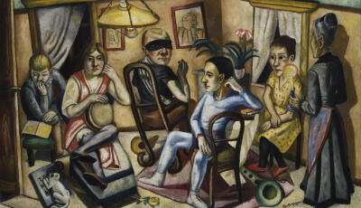 Gemälde Maskenball von Max Beckmann von 1922: 6 Personen befinden sich in einem Raum. Die Person in der Mitte hat eine schwarze Augenmaske auf.