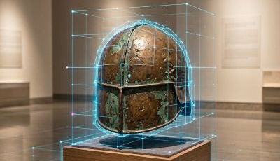 Ein alter Helm, der auf einem Sockel im Museum präsentiert wird. Der Helm ist von einem blauen, digitalen Gitternetz umgeben.