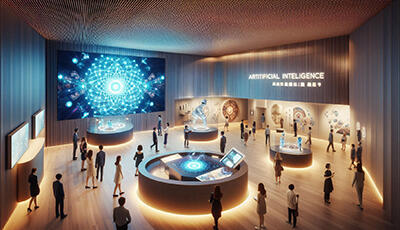 KI generiertes Bild: Innenansicht des Museums mit Menschen, Objekten und digitalen Tools.