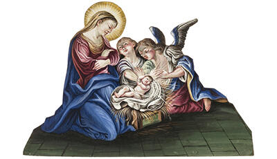Papierkrippe mit Maria, Jesuskind und zwei Engeln