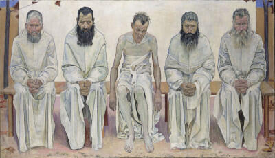 Gemälde von Ferdinand Hodler, Die Lebensmüden, 1892: Fünf Männer mit weißen Gewändern sitzen auf einer Bank und sehen zu Boden.