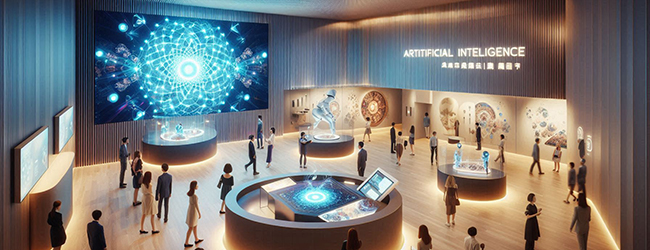 KI generiertes Bild: Innenansicht des Museums mit Menschen, Objekten und digitalen Tools.